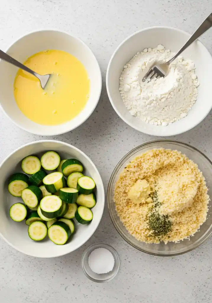 Three shallow dishes showing beaten eggs, flour mixture, and Parmesan breadcrumb coating for zucchini preparation