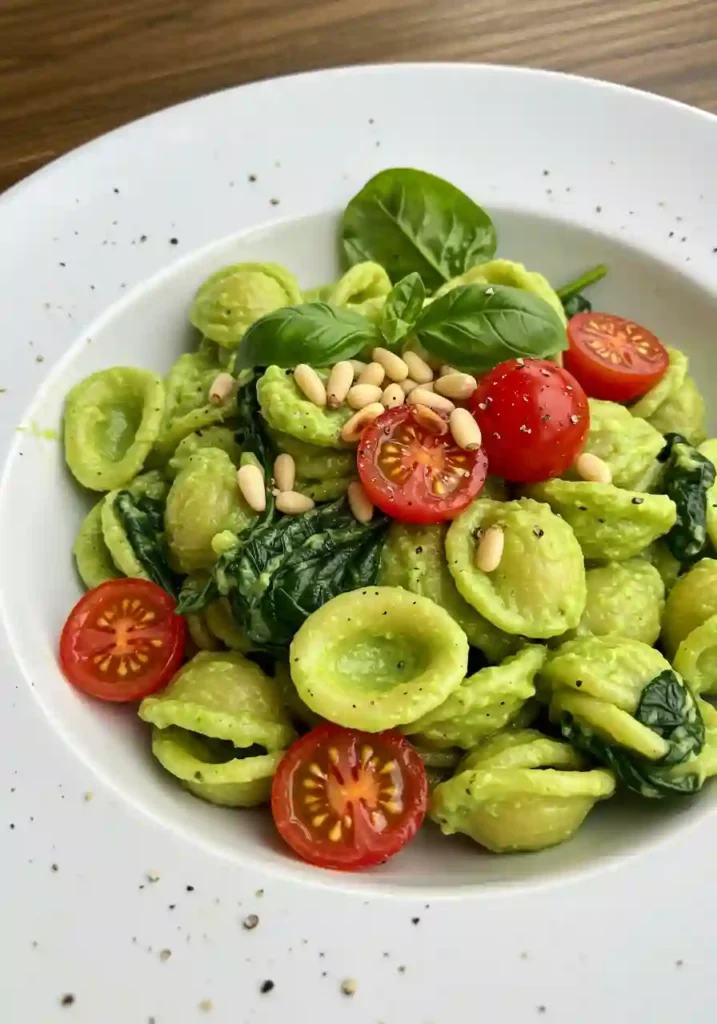 Hands tossing cooked pasta with green avocado sauce in large pan, adding cherry tomatoes and spinach