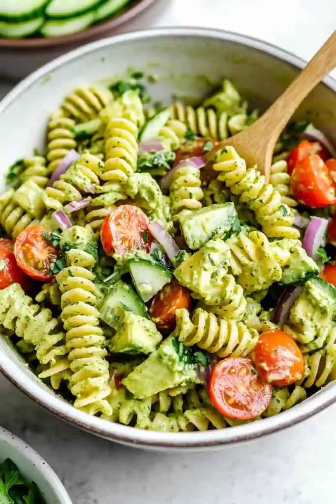 Mixing pasta, veggies, avocado, and herbs in a large bowl