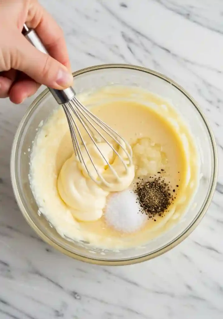 Hand whisking creamy mayo-based dressing in a small bowl