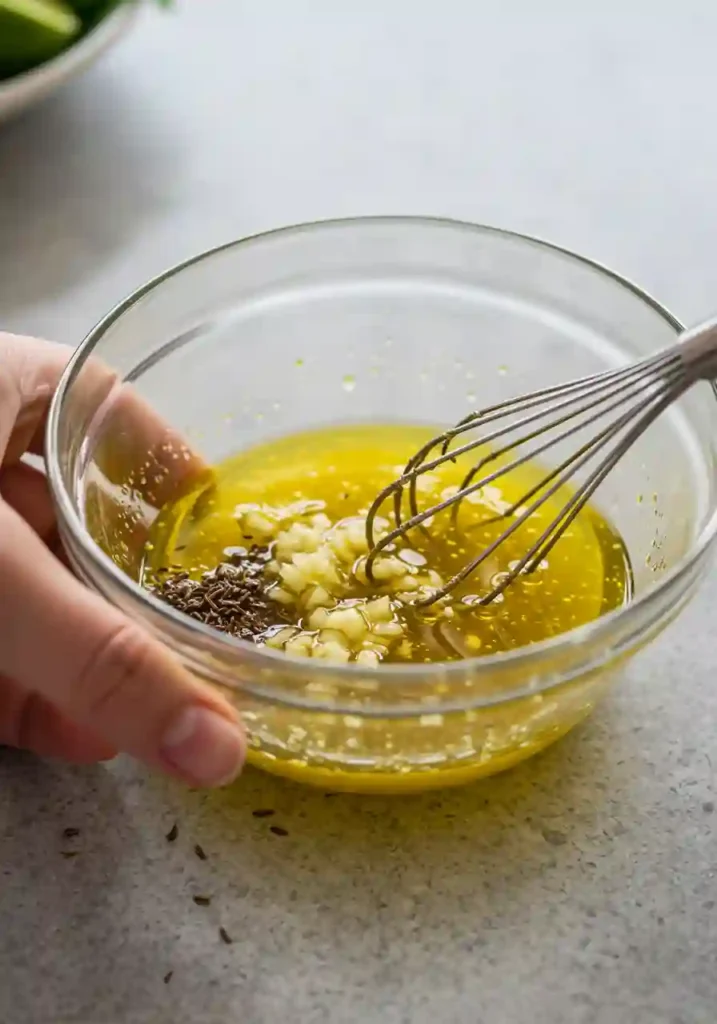 A glass jar of homemade lime dressing being whisked with garlic and cumin