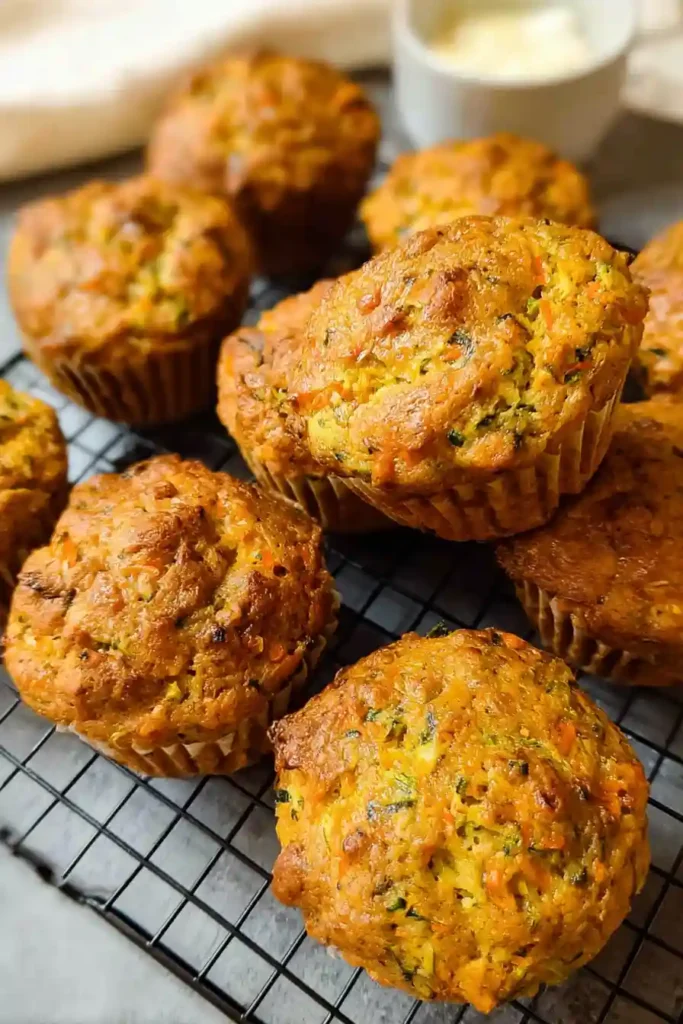 Muffin tin with 12 golden brown carrot zucchini muffins fresh from oven, perfectly risen and baked