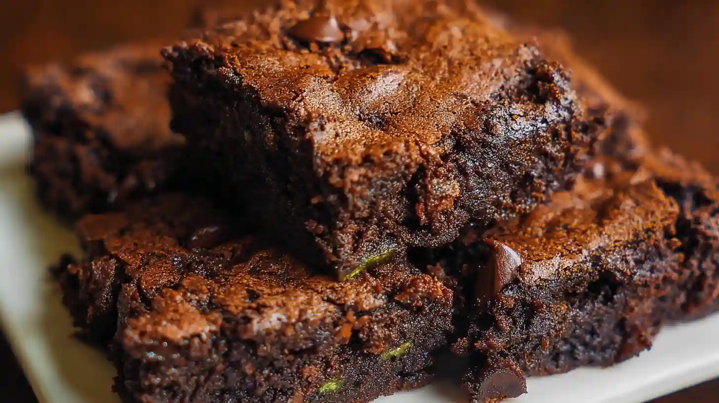 Stack of fudgy zucchini brownies on white plate with chocolate chips visible