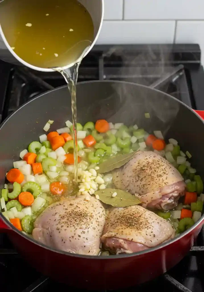 Chicken Thighs Simmering in Seasoned Broth