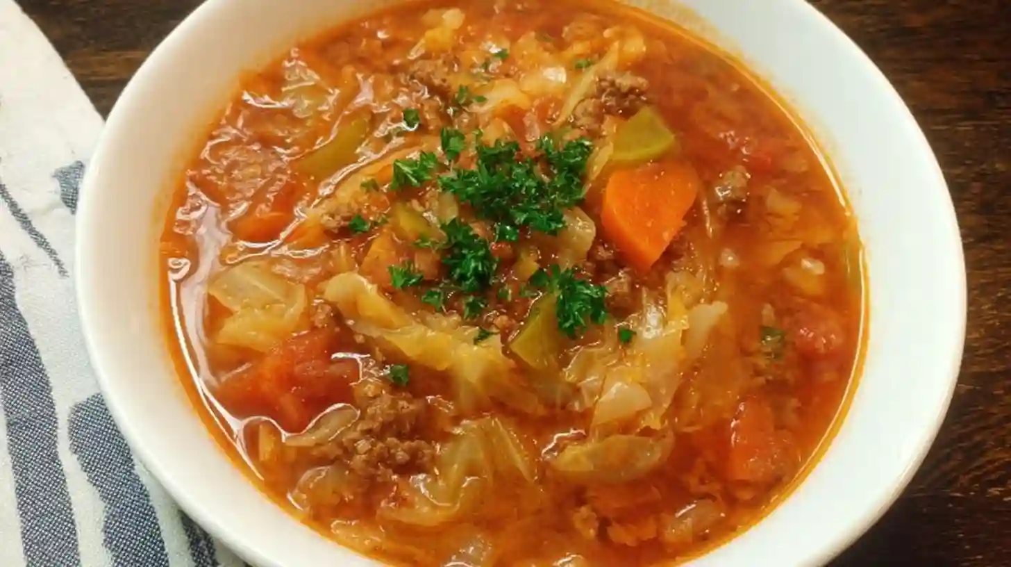 Bowl of hearty cabbage roll soup with ground beef, rice, and tender cabbage in savory tomato broth
