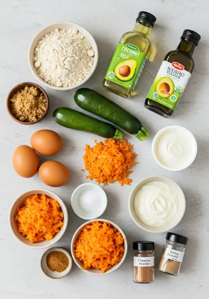 Fresh grated carrots and zucchini with whole wheat flour, eggs, Greek yogurt and spices for healthy muffins