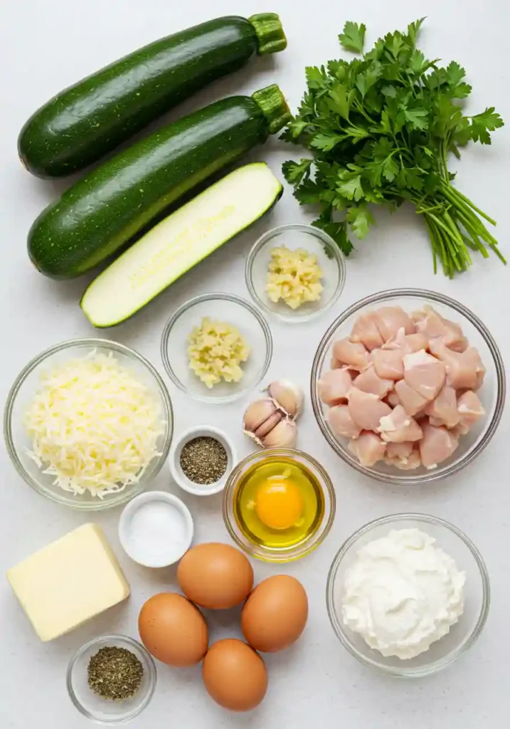 Fresh zucchini, chicken breast, ricotta cheese, mozzarella, Parmesan, heavy cream, and herbs laid out for zucchini lasagna recipe