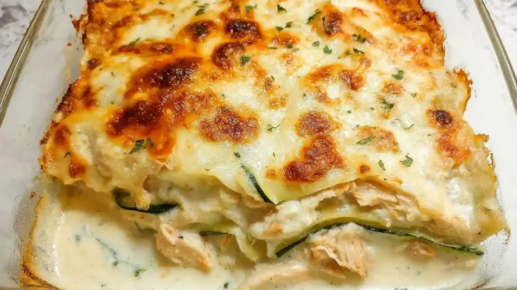 Slice of Chicken Alfredo Zucchini Lasagna on white plate showing creamy layers of zucchini noodles, chicken, and melted cheese