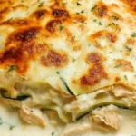Slice of Chicken Alfredo Zucchini Lasagna on white plate showing creamy layers of zucchini noodles, chicken, and melted cheese