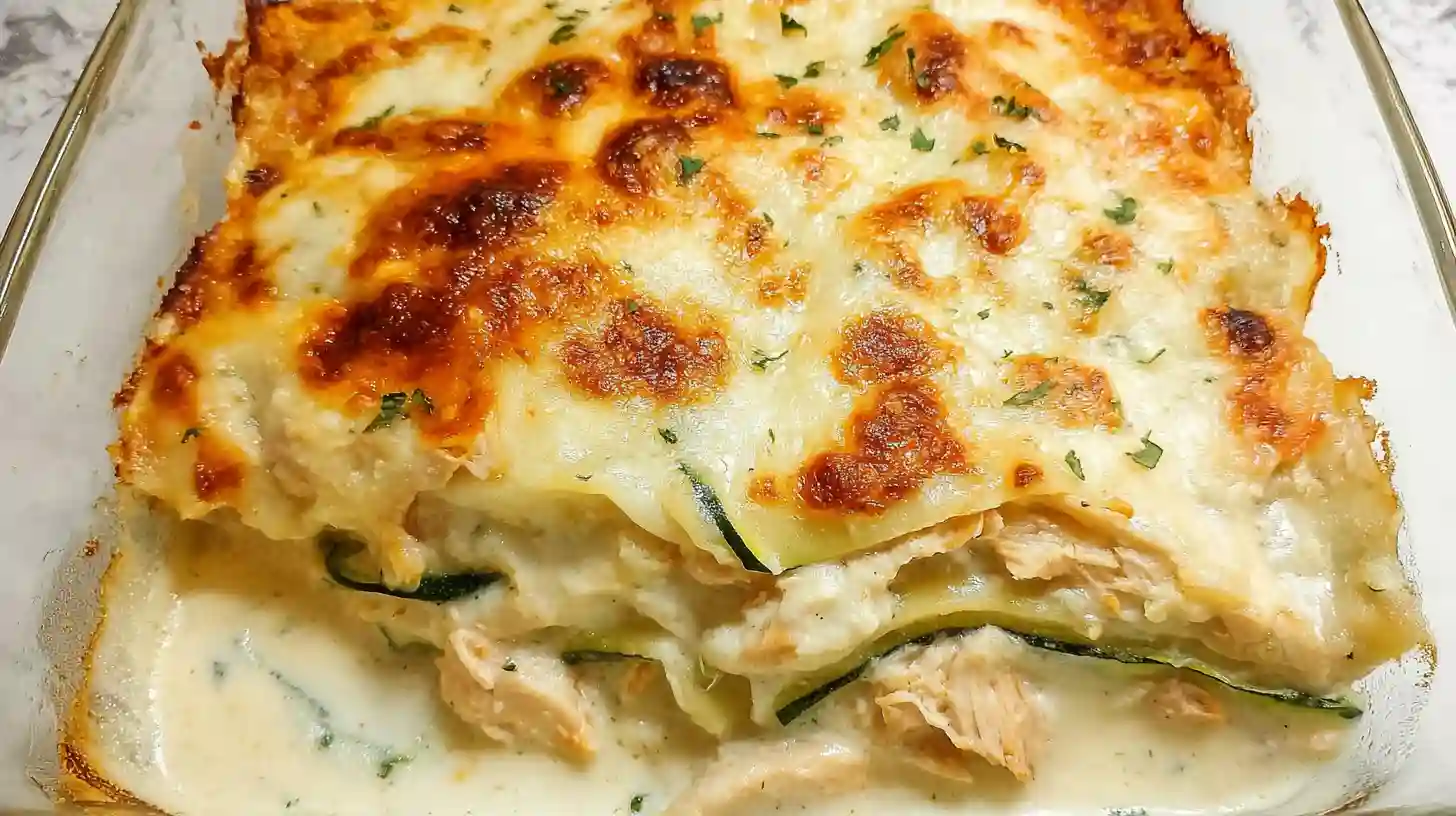 Slice of Chicken Alfredo Zucchini Lasagna on white plate showing creamy layers of zucchini noodles, chicken, and melted cheese