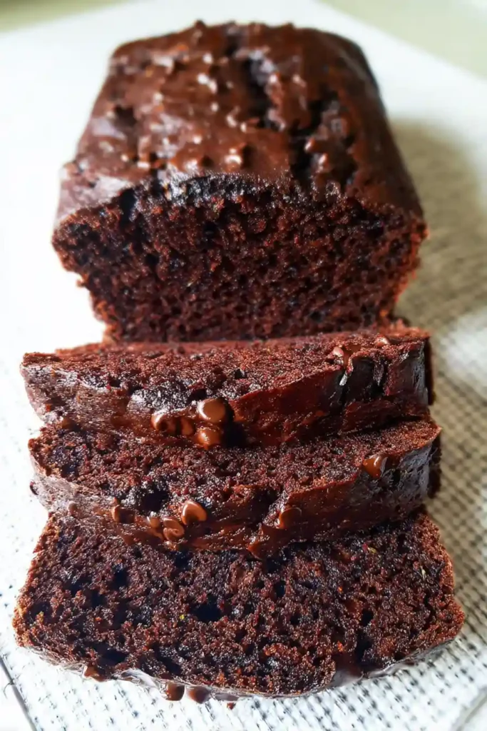 Chocolate zucchini bread batter in loaf pan ready for baking in preheated oven