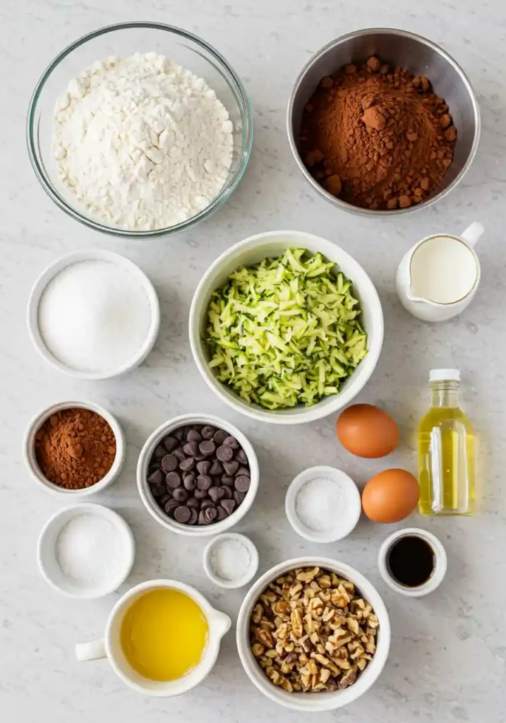 All ingredients for chocolate zucchini bread recipe arranged on white countertop including flour, cocoa powder, eggs, and shredded zucchini