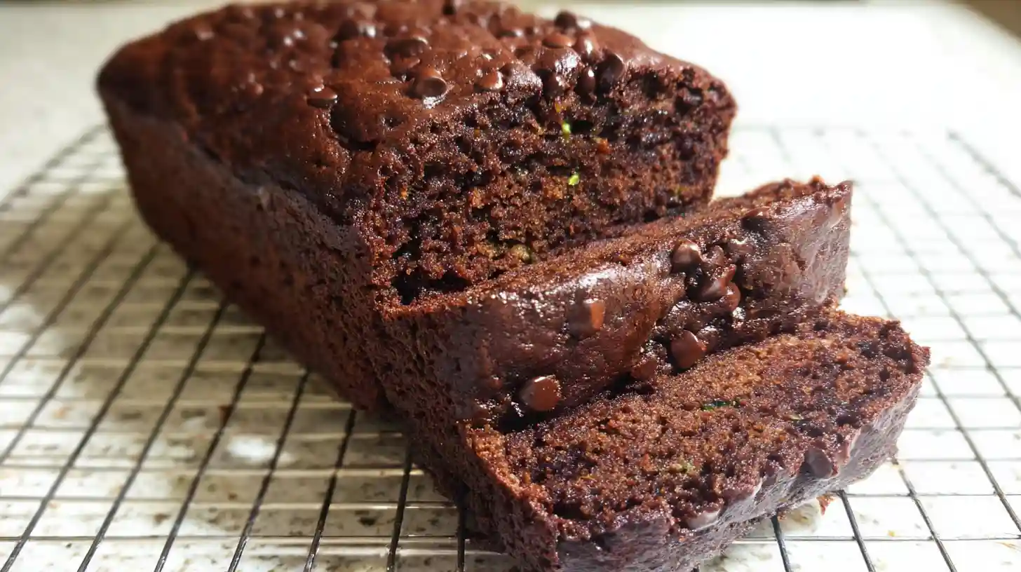 Sliced chocolate zucchini bread on wooden cutting board showing moist texture with chocolate chips