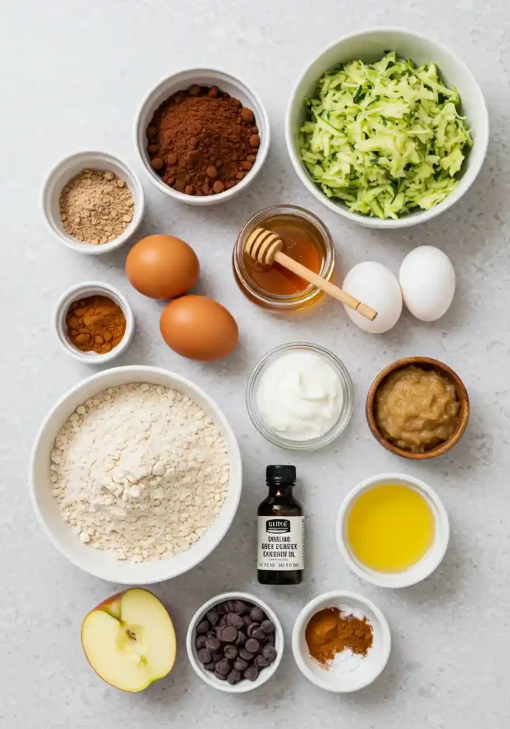 Ingredients for chocolate zucchini muffins including grated zucchini, whole wheat flour, cocoa powder, Greek yogurt, and honey arranged on counter