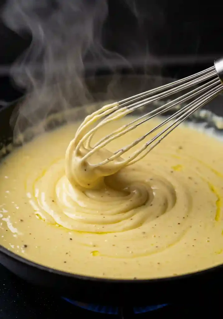Creamy white alfredo sauce being whisked in skillet with cooked chicken pieces and garlic for zucchini lasagna