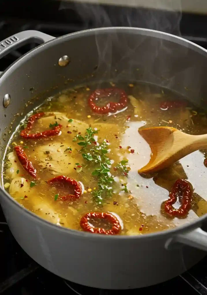 Large Dutch oven with chicken broth, sun-dried tomatoes and herbs simmering together for marry me chicken noodle soup base