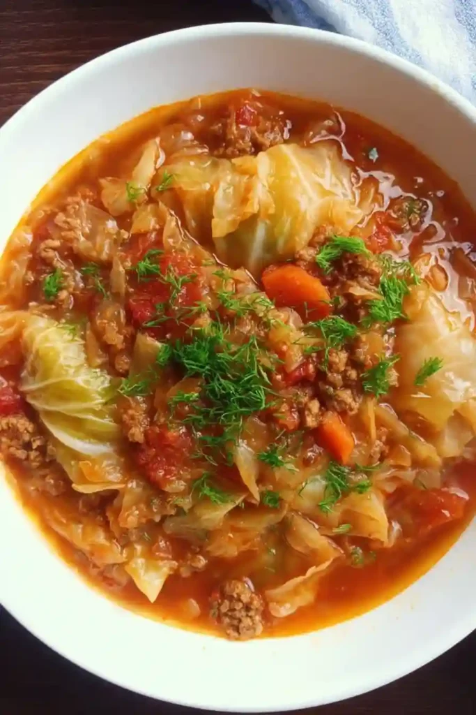 Finished cabbage roll soup in pot garnished with chopped fresh parsley ready to serve