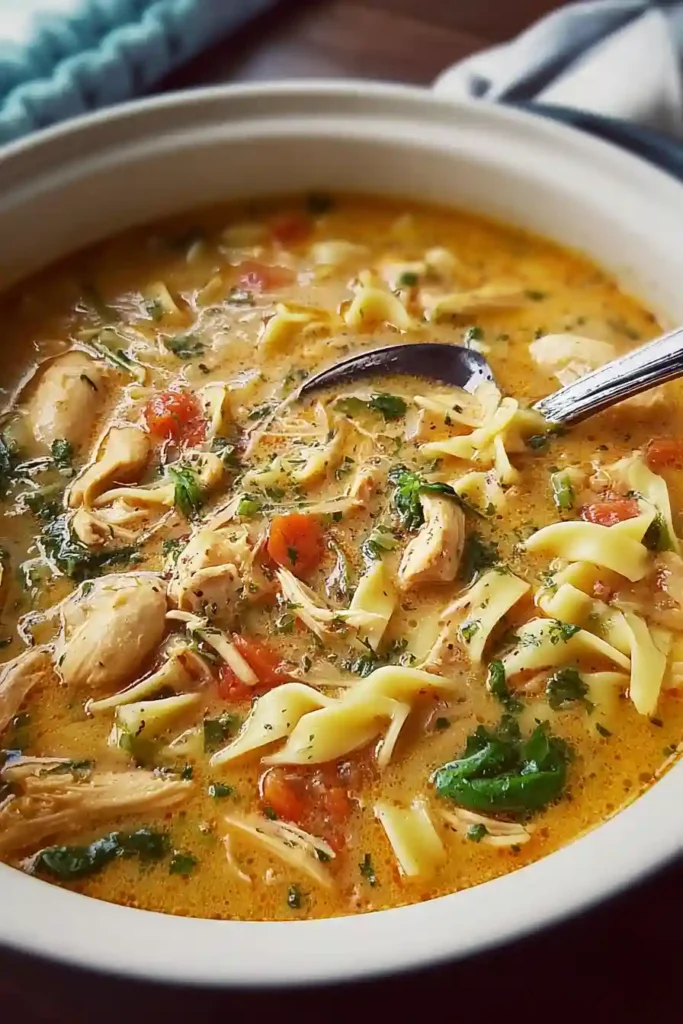Completed marry me chicken noodle soup in pot with wooden spoon, showing creamy texture with chicken, noodles, and fresh parsley