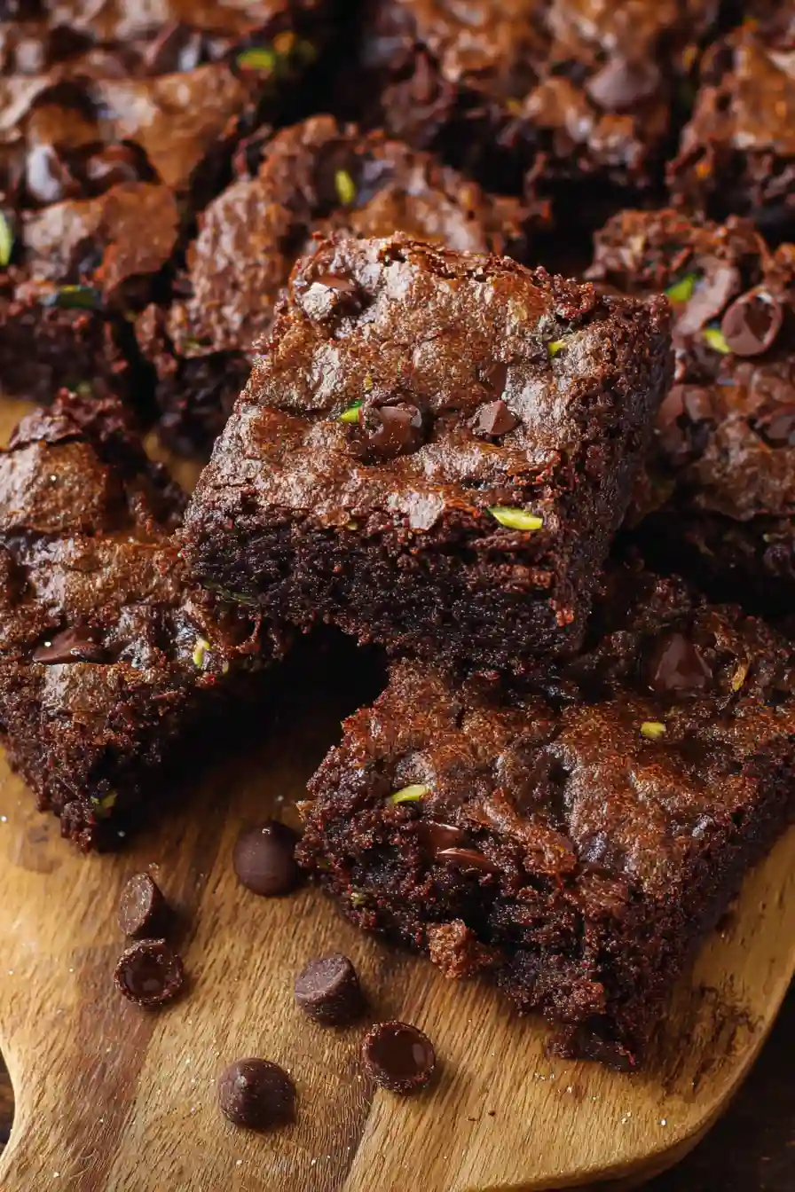 Baked zucchini brownies cooling in 9x13 pan lined with parchment paper, golden brown and set