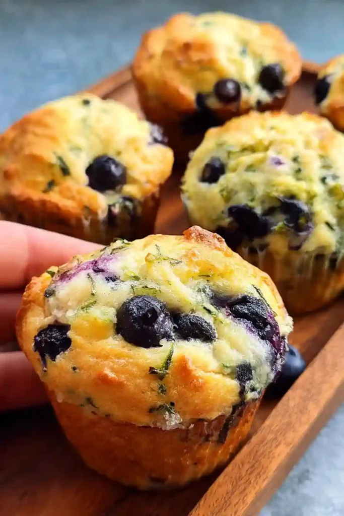 Wooden spoon gently folding flour coated blueberries and shredded zucchini into muffin batter