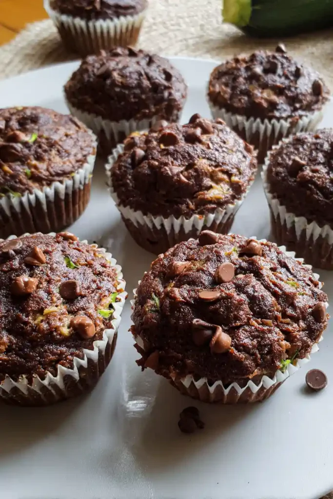 Chocolate zucchini muffins cooling on wire rack after baking, showing golden tops and perfect dome shape