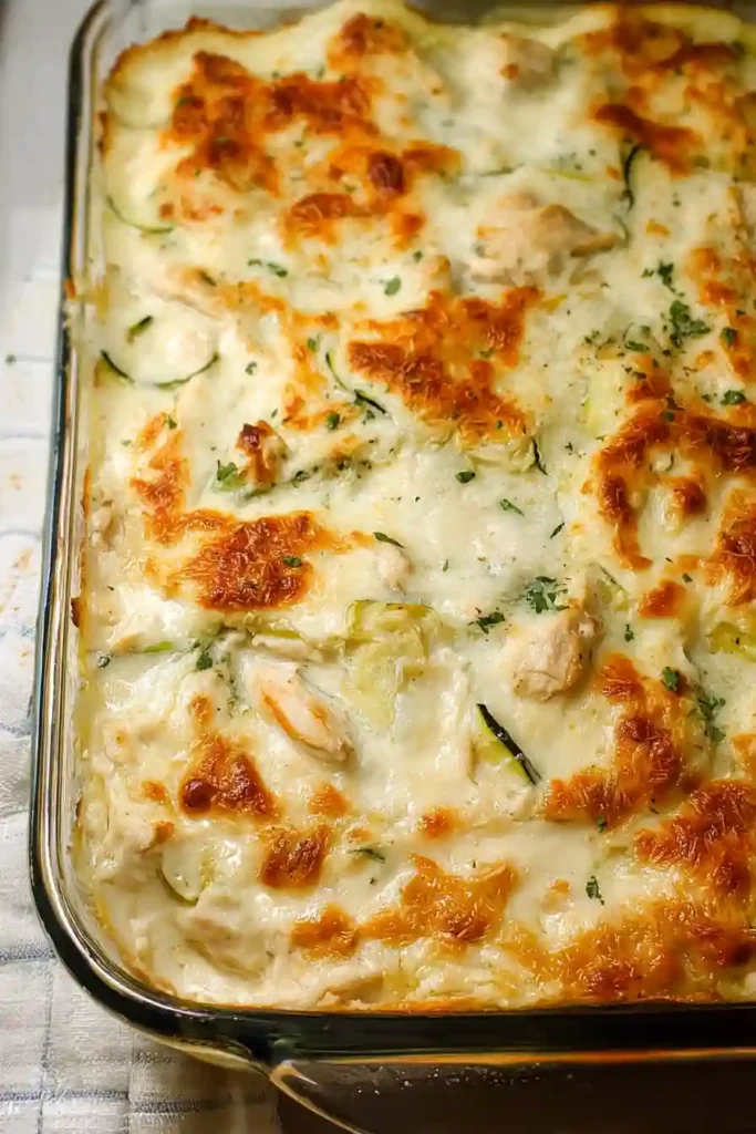 Golden brown Chicken Alfredo Zucchini Lasagna fresh from oven in baking dish with bubbly melted mozzarella cheese on top