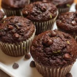 Stack of chocolate zucchini muffins on white plate showing moist texture and rich chocolate color