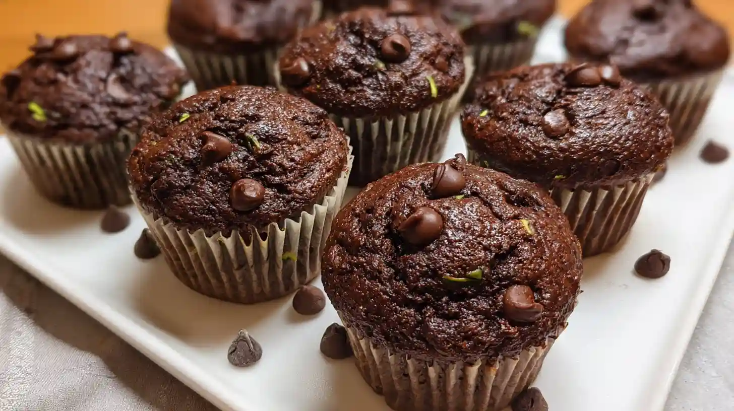 Stack of chocolate zucchini muffins on white plate showing moist texture and rich chocolate color
