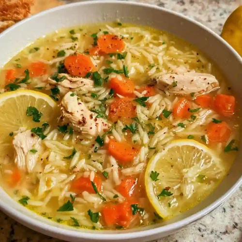 Homemade Lemon Chicken Orzo Soup in White Bowl