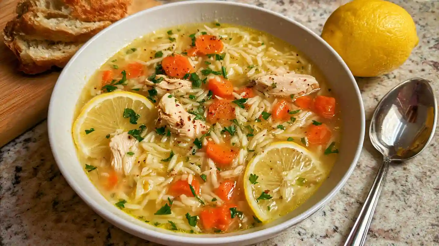 Homemade Lemon Chicken Orzo Soup in White Bowl