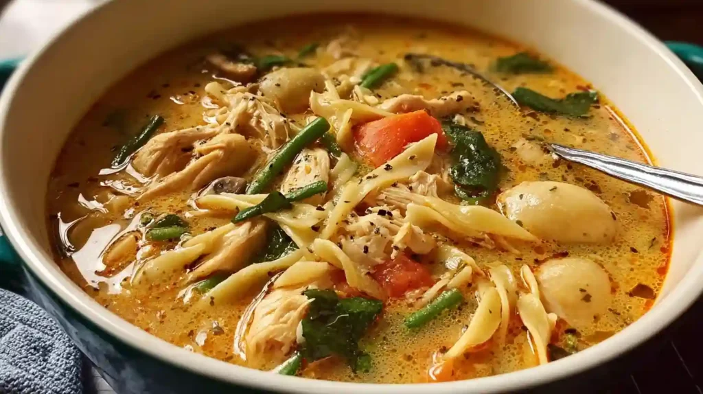 Creamy marry me chicken noodle soup served in a white bowl with fresh parsley garnish and crusty bread on the side