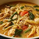 Creamy marry me chicken noodle soup served in a white bowl with fresh parsley garnish and crusty bread on the side