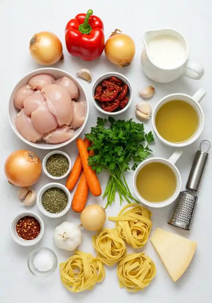 All ingredients for marry me chicken noodle soup arranged on white marble counter including chicken breast, egg noodles, sun-dried tomatoes, and herbs