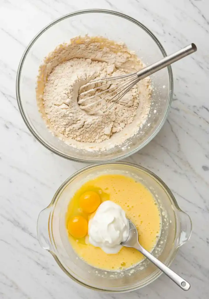 Hands mixing wet and dry ingredients in large bowl for carrot zucchini muffins with wooden spoon