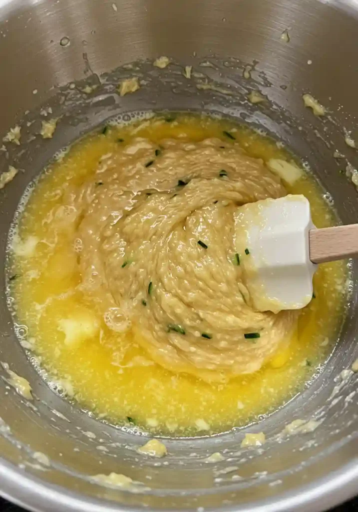 Large mixing bowl with melted butter, oil, sugar, eggs and shredded zucchini being whisked together