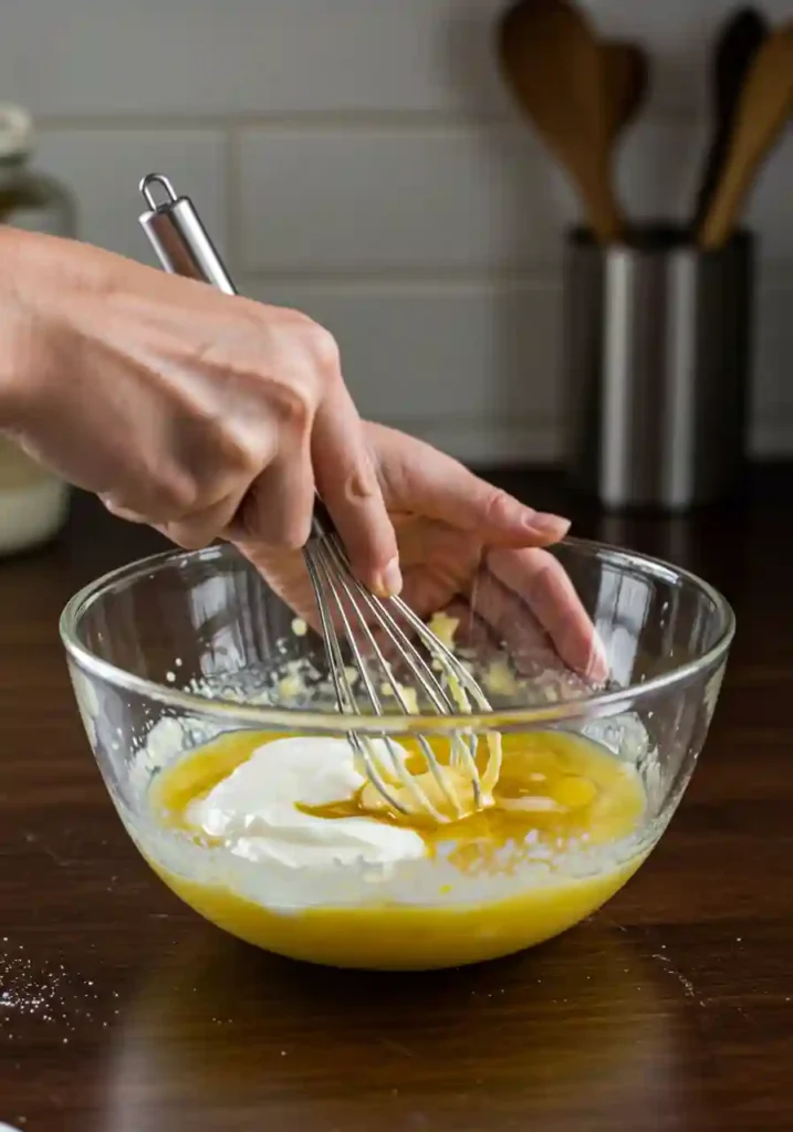 Hands whisking eggs, Greek yogurt, oil and vanilla together in glass mixing bowl