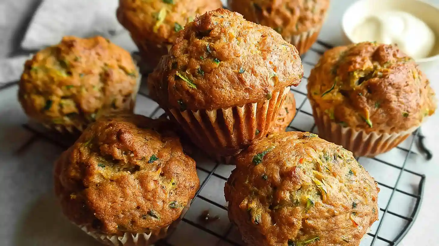 Golden brown carrot zucchini muffins on white plate with visible carrot and zucchini flecks, perfect healthy breakfast