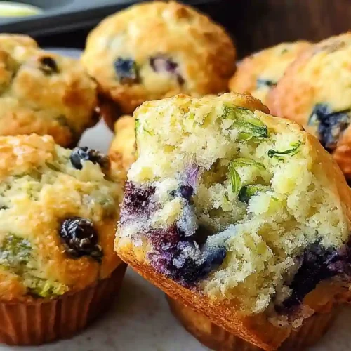 Stack of golden zucchini blueberry muffins with visible blueberries on white plate