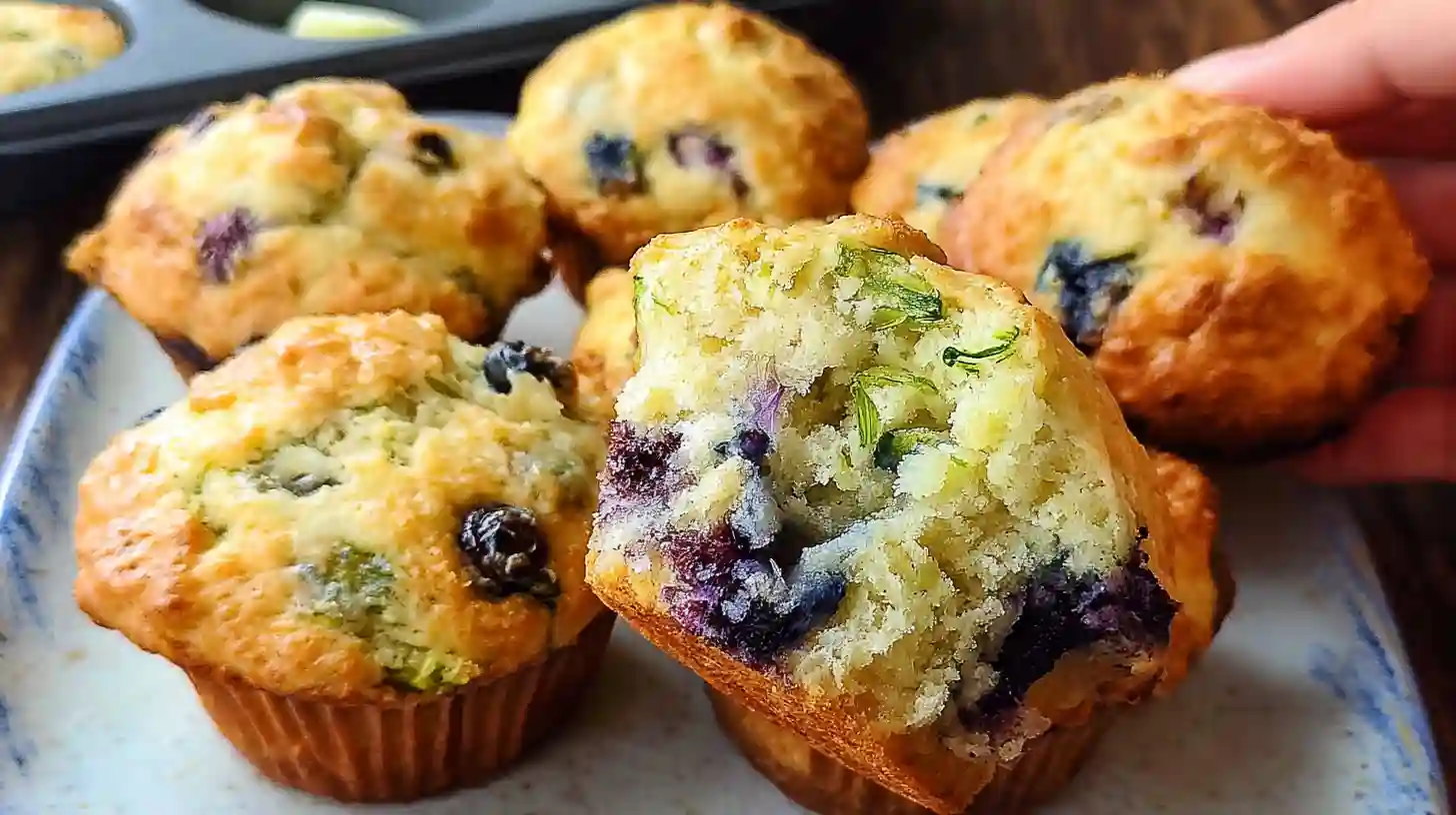 Stack of golden zucchini blueberry muffins with visible blueberries on white plate
