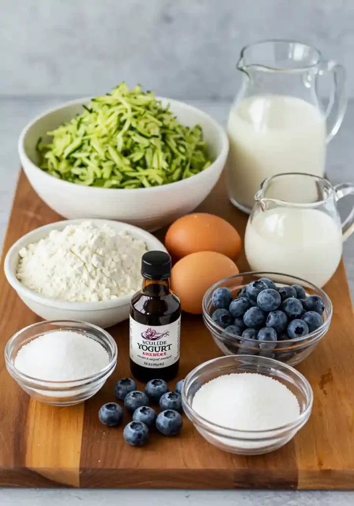 All ingredients for zucchini blueberry muffins arranged on counter including flour, eggs, Greek yogurt, fresh blueberries and grated zucchini