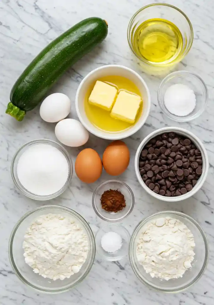 All ingredients for zucchini brownies arranged on counter including shredded zucchini, flour, cocoa powder, eggs, and chocolate chips