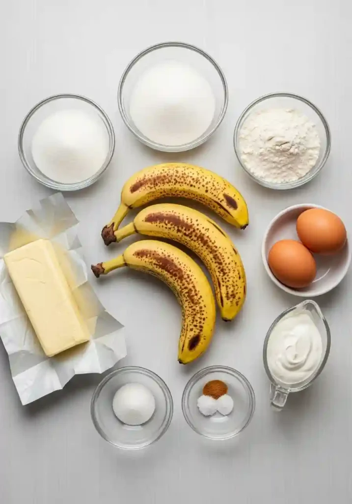 Raw ingredients for banana bread brownies including overripe bananas, butter, eggs, flour, sugar, and sour cream on wooden surface