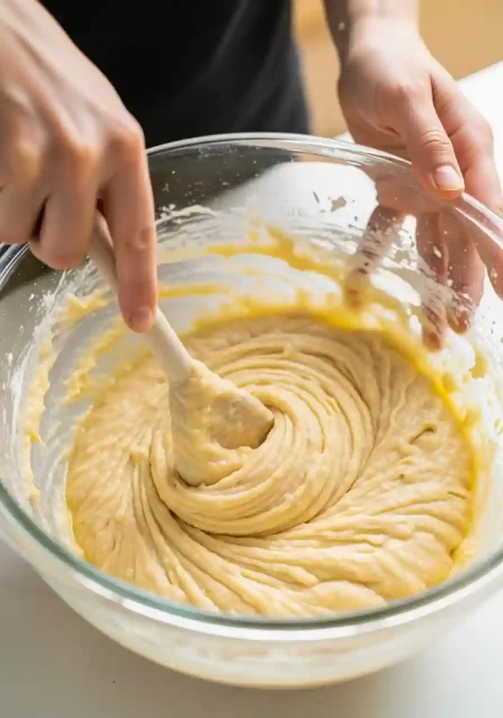Creaming butter, sugar, and mashed bananas together in mixing bowl with wooden spoon showing smooth batter