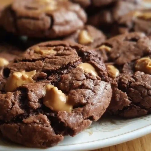 Stack of chocolate peanut butter cookies with peanut butter chips on white plate with milk