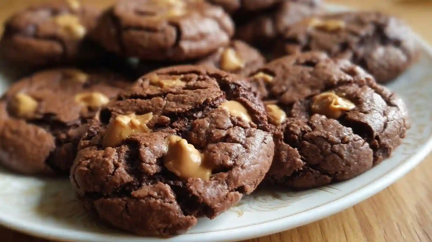 Stack of chocolate peanut butter cookies with peanut butter chips on white plate with milk