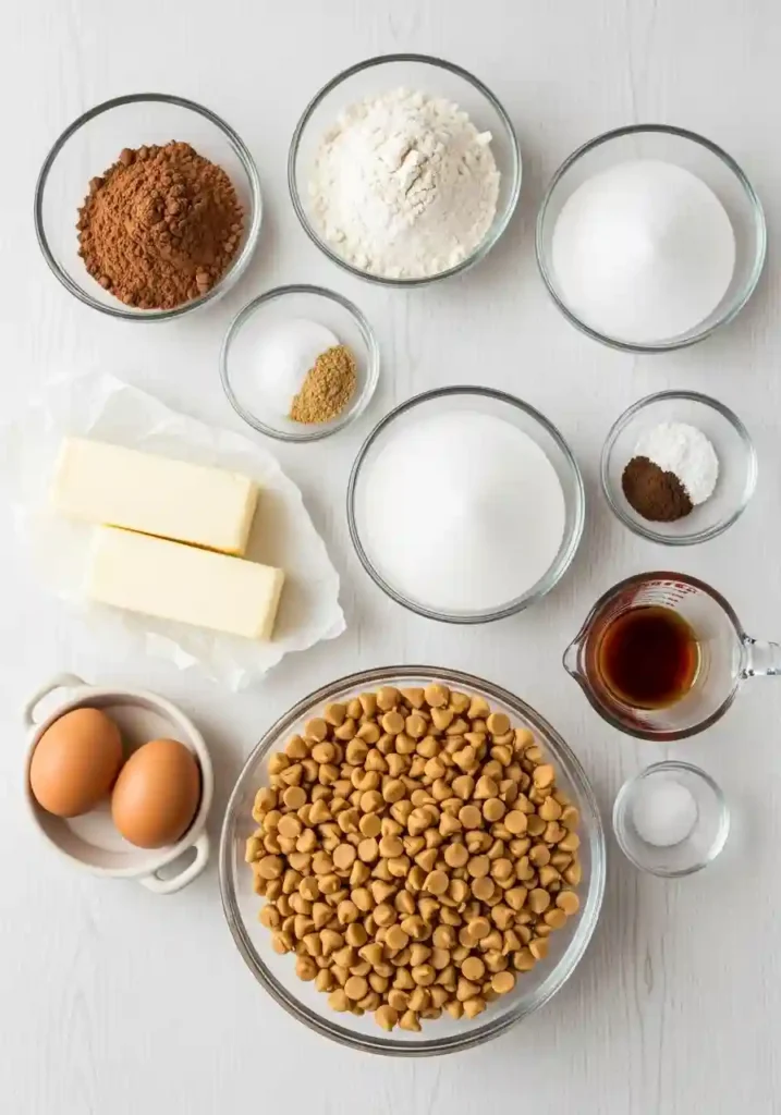 All ingredients for chocolate peanut butter cookies including flour, cocoa powder, butter, eggs, sugar, and peanut butter chips laid out on counter