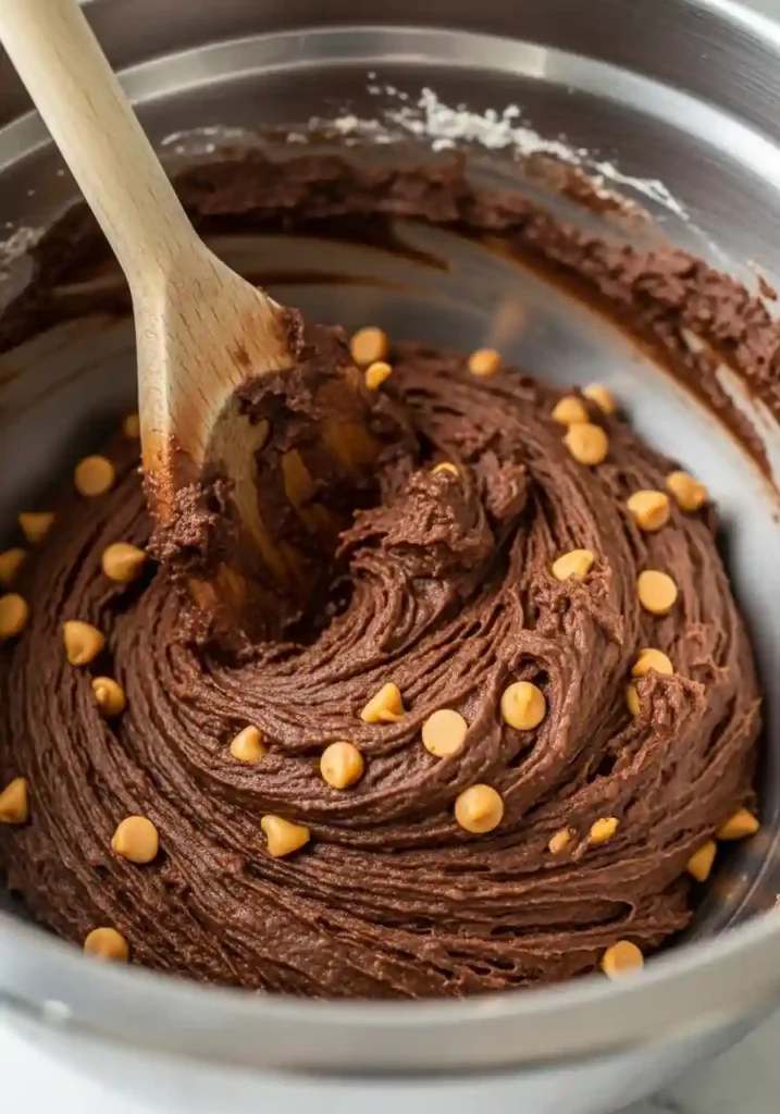 Hands folding peanut butter chips into dark chocolate cookie dough in mixing bowl