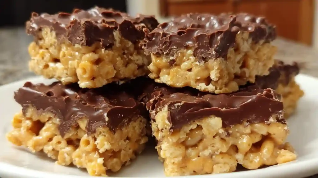 Chocolate Peanut Butter Rice Krispie Treats stacked on white plate showing crispy texture and glossy chocolate topping