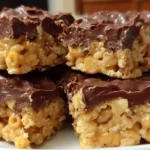 Chocolate Peanut Butter Rice Krispie Treats stacked on white plate showing crispy texture and glossy chocolate topping