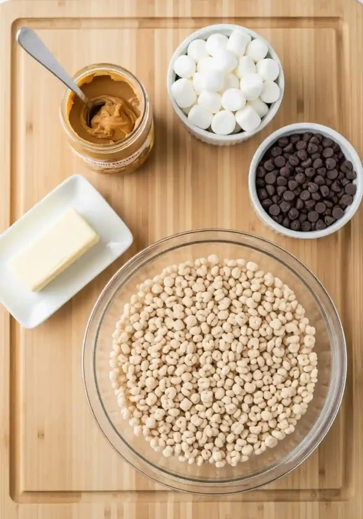 Five ingredients needed for Rice Krispie Treats including cereal, peanut butter, marshmallows, butter, and chocolate chips